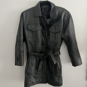 Vintage 90s Leather 100% Black Retro Belted Genuine Leather Jacket Medium